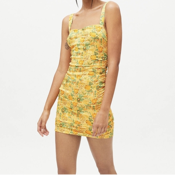 Urban Outfitters Dresses & Skirts - Urban Outfitters Claira Ruched Bodycon Square Neck Mini Dress Yellow & Orange- L